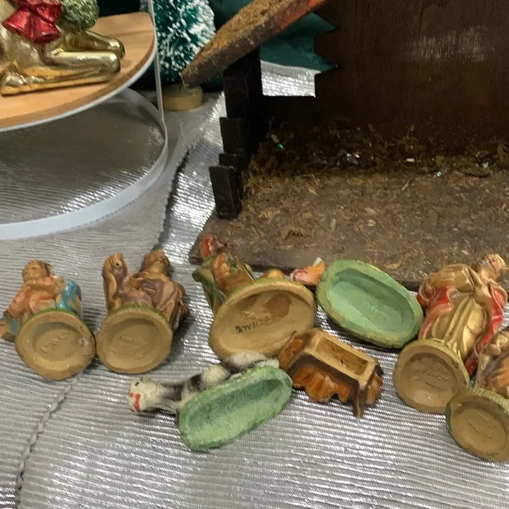 Nativity Set‎ Wooden Manger With 8 Figures Retro Christmas Vintage Made In Italy